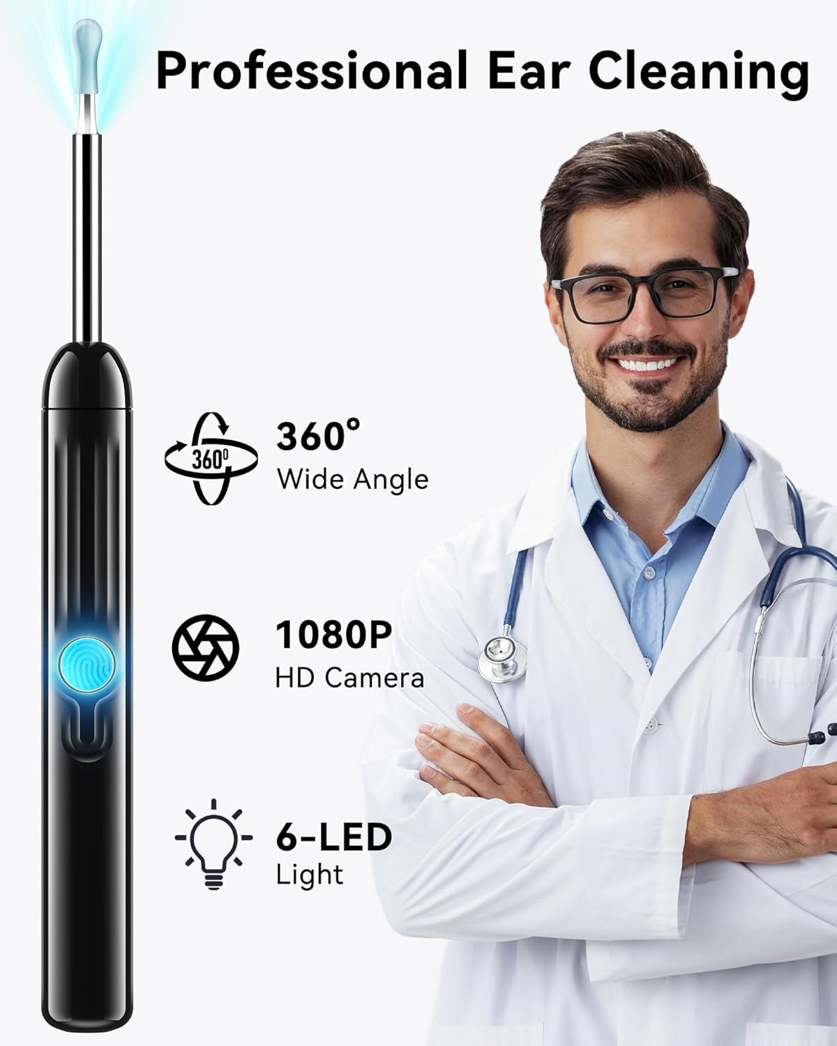 Ear Wax Removal, 1080P HD Scope and 6 LED Lights, Ear Cleaner with Camera, Ear Cleaning Kit - Earwax Remover Tool with 5 Spoon (Onyx)