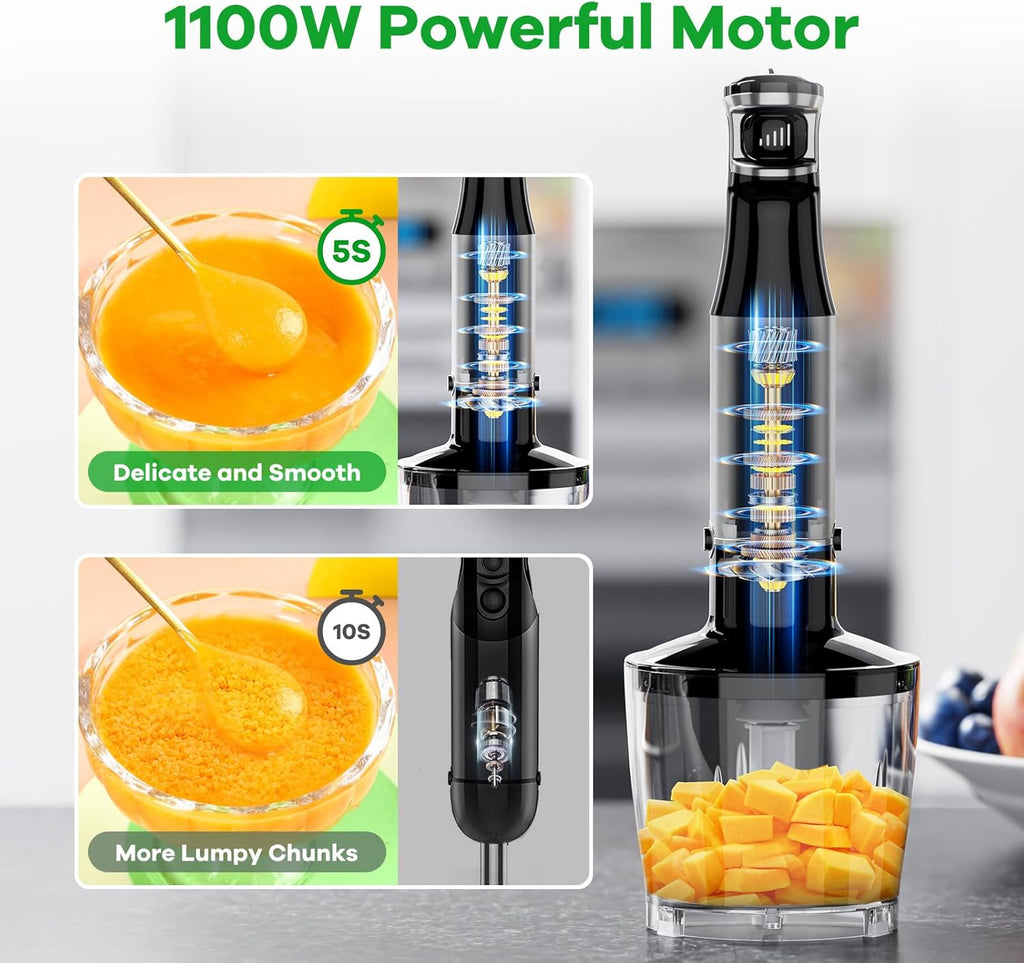 Immersion Blender Handheld Corded Hand Blenders Set 1100W, Trigger Variable Speed 5 in 1 Stick Emulsifier with Chopper, Whisk and Frother for Soup, Baby Food and Smoothies,Black