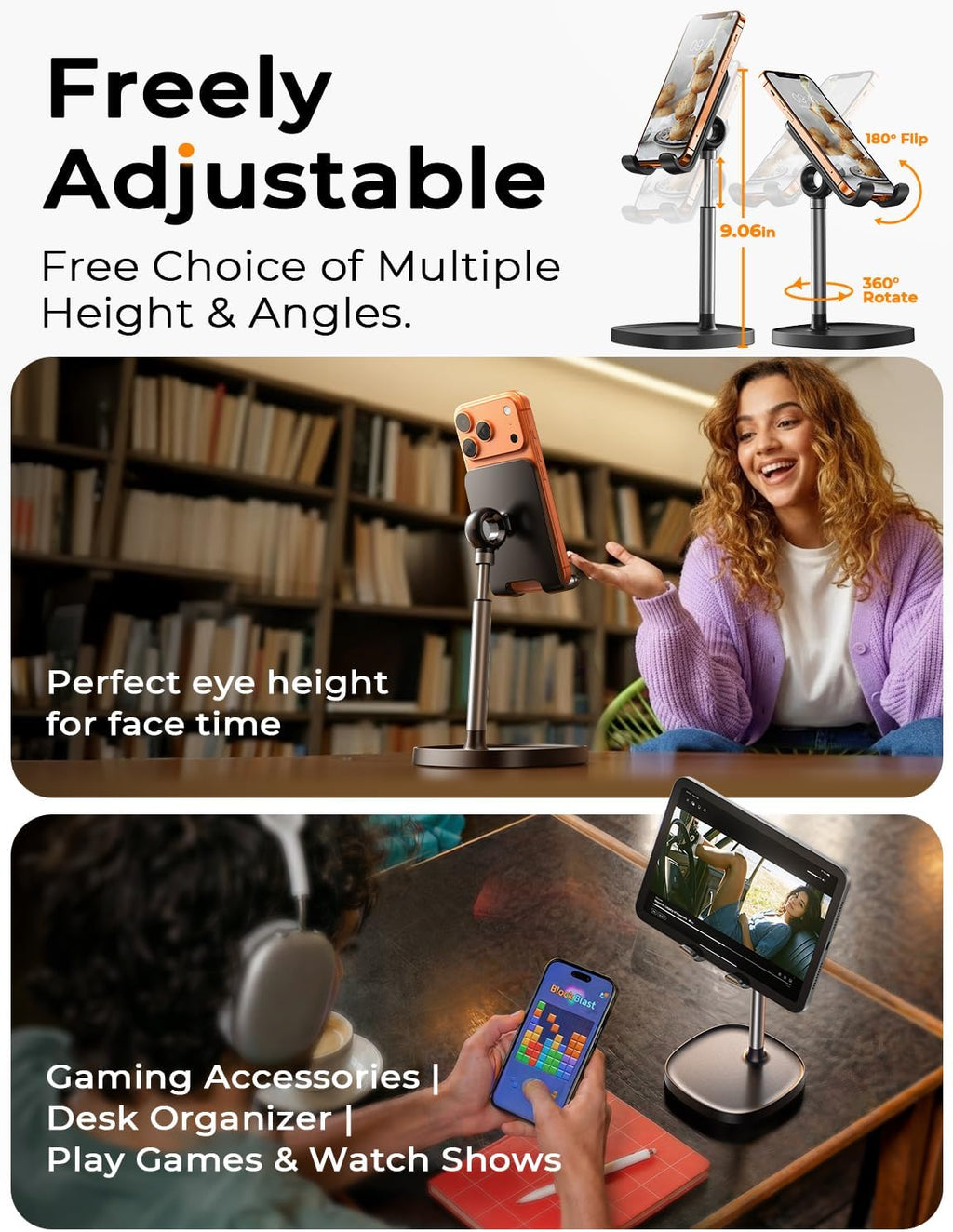 Cell Phone Stand Phone Holder for Desk Office Decor, Office Desk Accessories Women PC Gaming Essentials Iphone Stand Gadgets Men Gift for Father Fit Otterbox Case Switch Ipad Air Tablet 4-10 In