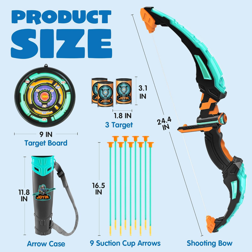 Kids Bow and Arrow Set, LED Light up Archery Toy Set with 9 Suction Cup Arrows, Target & Arrow Case, Indoor and Outdoor Hunting Play Gift Toys for Kids, Boys & Girls Ages 6-12