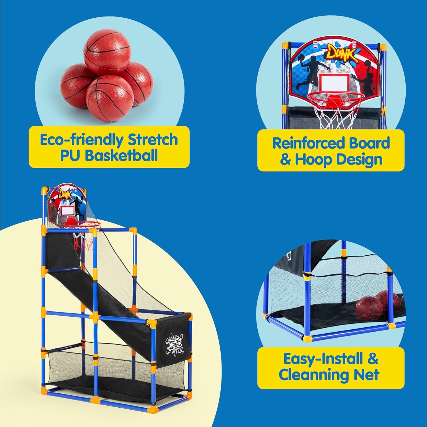 Arcade Basketball Game Set with 4 Balls and Hoop for Kids 3+ Years Old Indoor Outdoor Sport Play - Easy Set up - Air Pump Included - Ideal for Competition