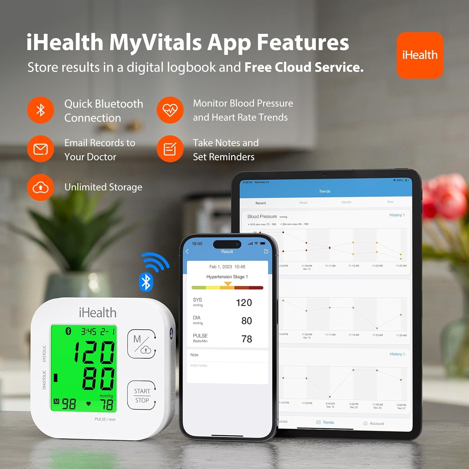 Track Smart Upper Arm Blood Pressure Monitor with Wide Range Cuff That Fits Standard to Large Adult Arms, Bluetooth Compatible for Ios & Android Devices